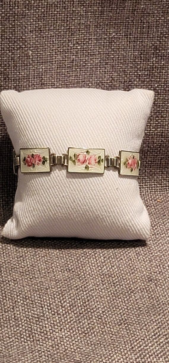 Art Deco Enamel and Sterling Guilloche Pink Roses 