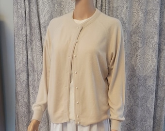 Vintage Beige Acrylic Cardigan: Pearlescent Buttons, Made in USA (Size PM)