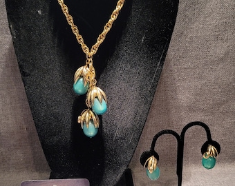 Napier Moonglow Necklace and Earrings Set - Teal Blue-green and Gold-Tone Kumquat