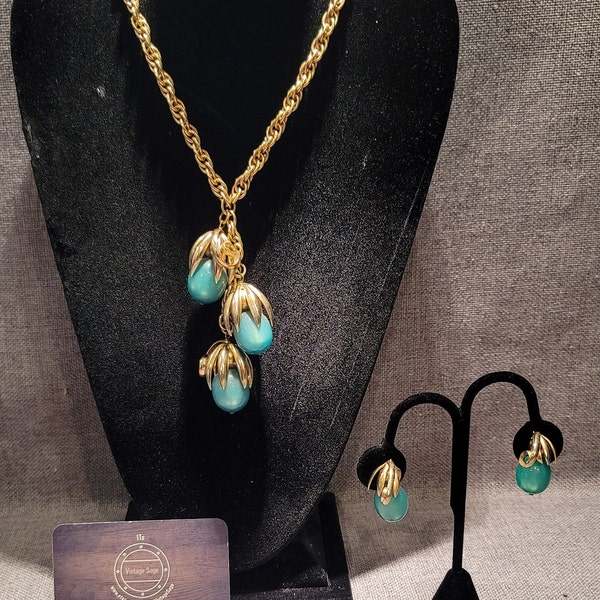 Napier Moonglow Necklace and Earrings Set - Teal Blue-green and Gold-Tone Kumquat