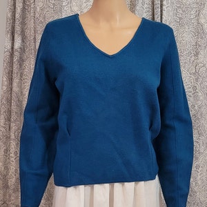 Pu&ograve; includere: Un maglione a maniche lunghe blu turchese con scollo a V.