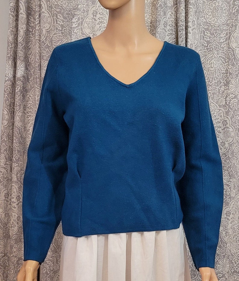 Pu&ograve; includere: Un maglione a maniche lunghe blu turchese con scollo a V.