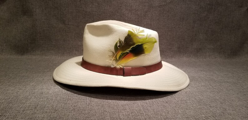 Vintage Canvas Fedora with Leather Band and Feathers Small