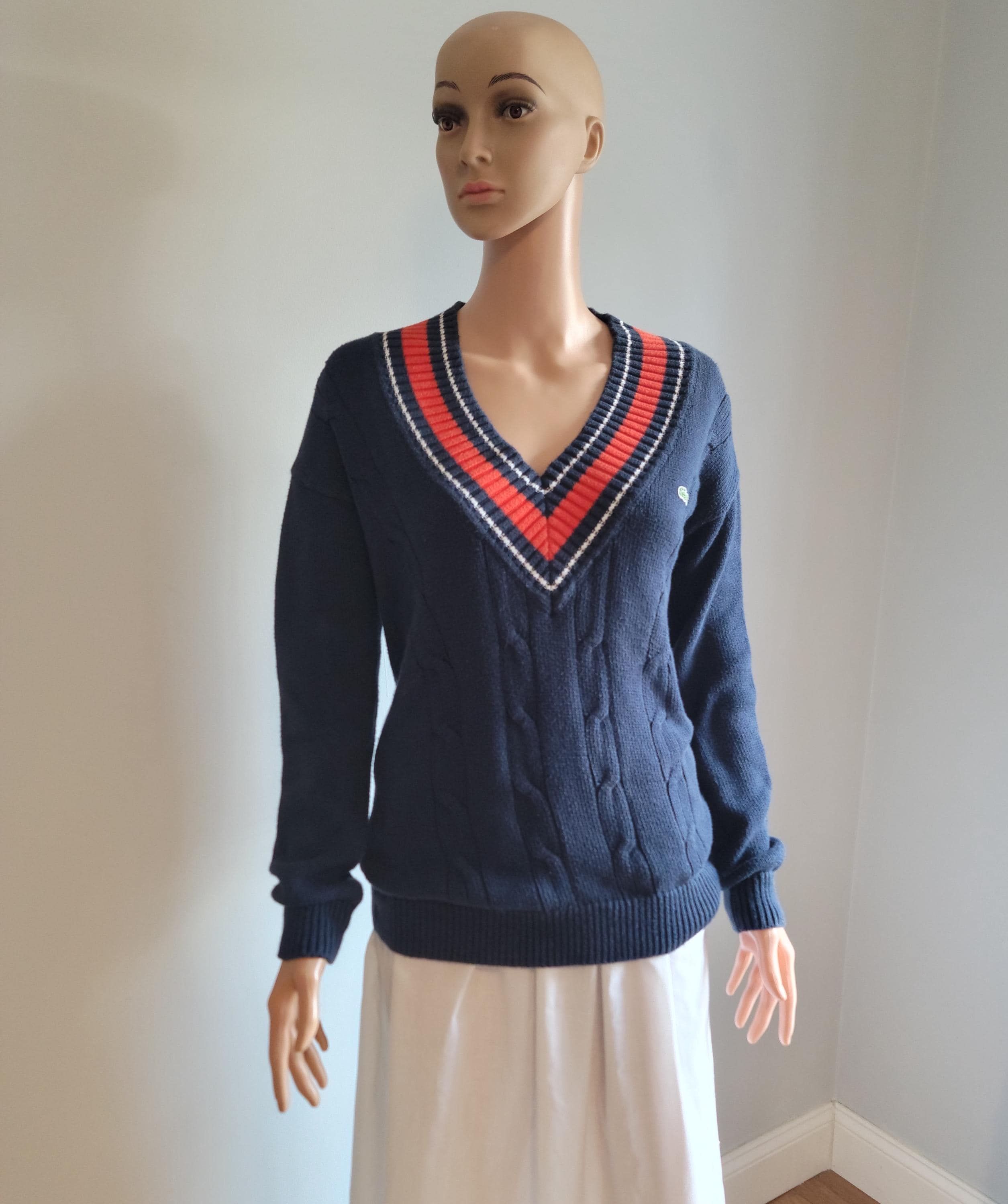 French LACOSTE 1980s／Cable Knit Sweater Vintage 80s Lacoste Tennis Sweater Mens L Deadstock Stripes