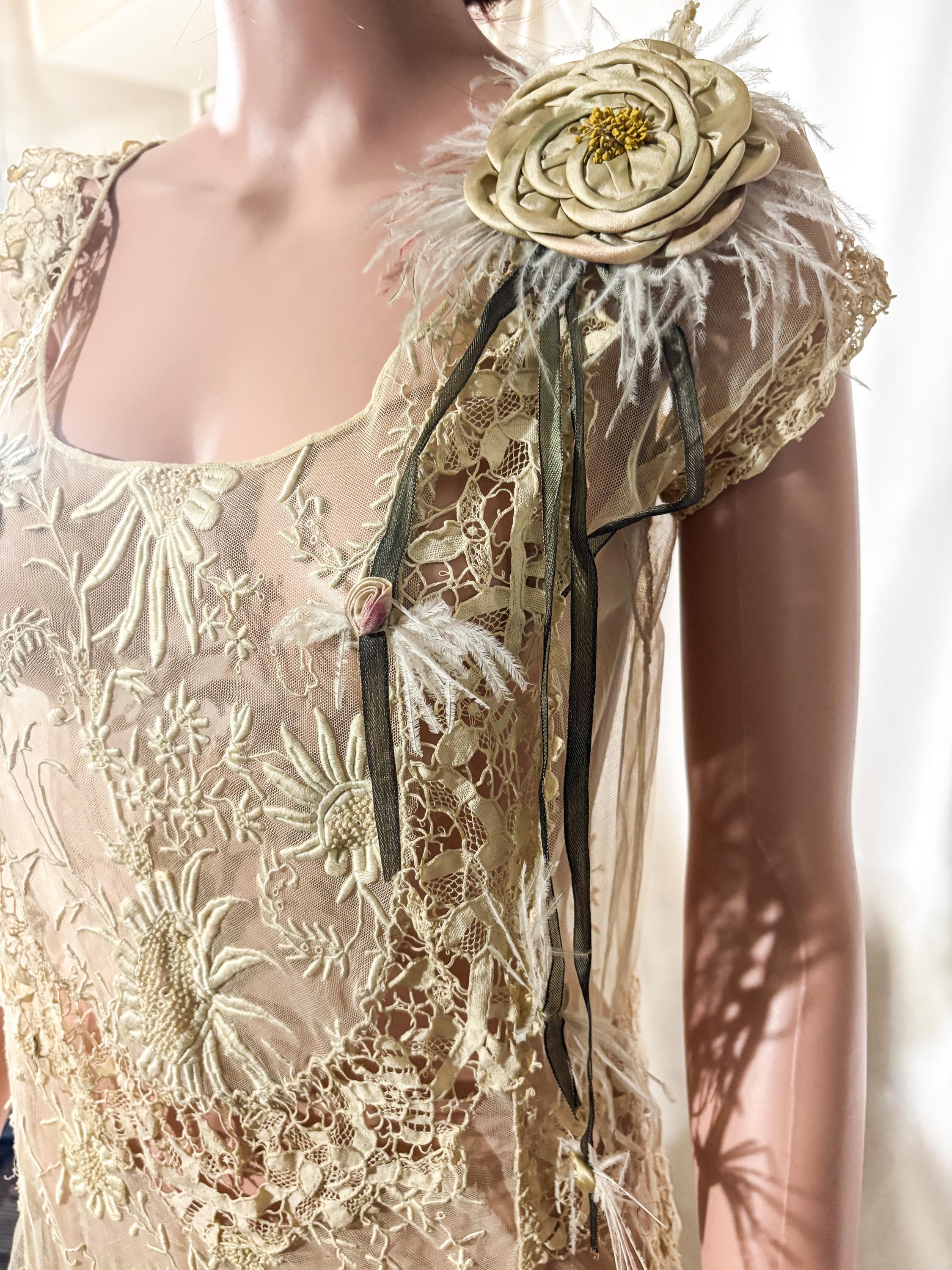 tambour embroidered dress Edwardian Tambour Net Lace Dress / Wedding Gown / Tea / Lawn Dress / Size XS