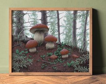 King Bolete Mushrooms Art Prints 8x10, 5x7, 11x14 inches | Porcini Fungi Painting | Forestcore/cottagecore  decor