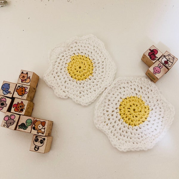 Fried egg coasters - Set of two crochet coasters.