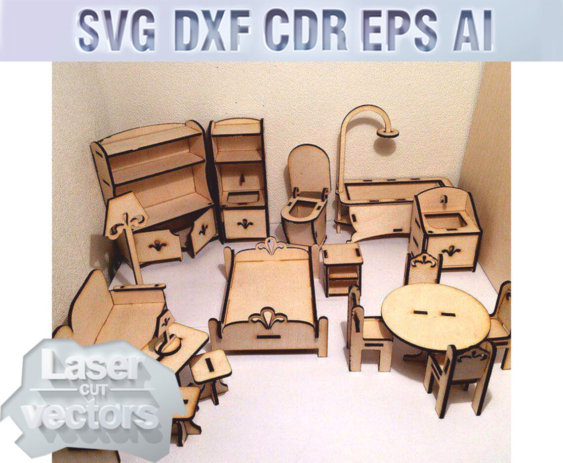 Dollhouse furniture set. Vector model svg dxf lasercut files Etsy