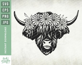 Highland Cow svg, Floral cow svg, Highland Heifer svg, Cow Clipart, Cow Png, Floral crown svg, Cow with Flowers on Head, Cut files, Png, svg