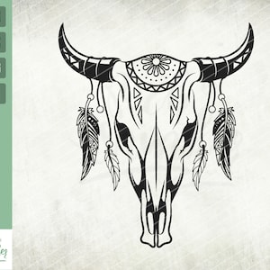 Cow Skull Svg, Ethnic svg, Bull svg, Boho svg, Feathers svg, Mandala Svg, Files for cricut, Cut file, Silhouette, Png, Instant Download