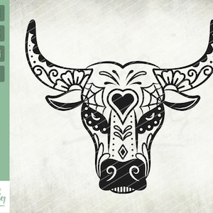 Zucker Schädel Bulle Ochsen SVG, Tag der Toten, Dia De Los Muertos Schädel, Bull Zucker Schädel Svg, Tier Zucker Schädel, Cricut Schneiden Datei, ClipArt