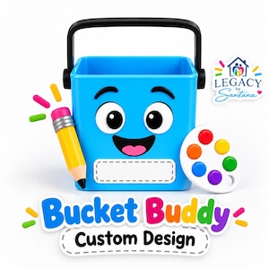 May include: A bright blue plastic bucket with a black handle and a cartoon face. It features a yellow pencil, a white paint palette with six colored circles, and a white rectangular label. Text reads Bucket Buddy Custom Design.