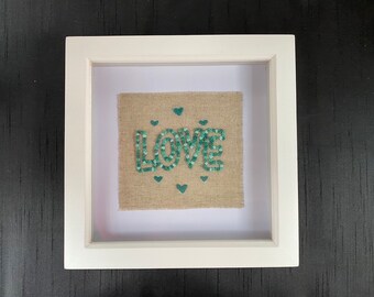 Hand Embroidered 'Love' with Hearts in Wooden Frame