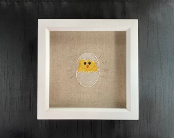 Hand Embroidered Easter Chick in Wooden Frame