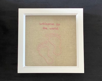 Hand Embroidered Welcome to the World with Pink Baby Footprints in Wooden Frame