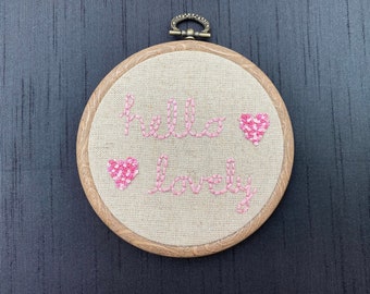 Hand Embroidered 'Hello Lovely' with French Knot Hearts