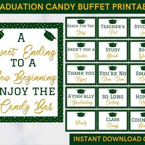 Segnali per buffet di caramelle per laurea verde oro/giallo stampabili - Decorazione per festa di laurea per tavolo di caramelle - DOWNLOAD IMMEDIATO