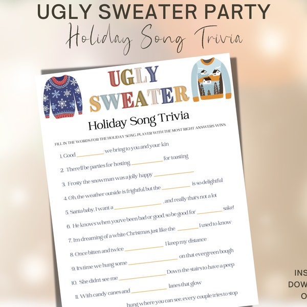 Ugly Sweater Party Holiday song trivia game for holiday/ Christmas party - Fun game to play with family/ friends/co workers-INSTANT DOWNLOAD