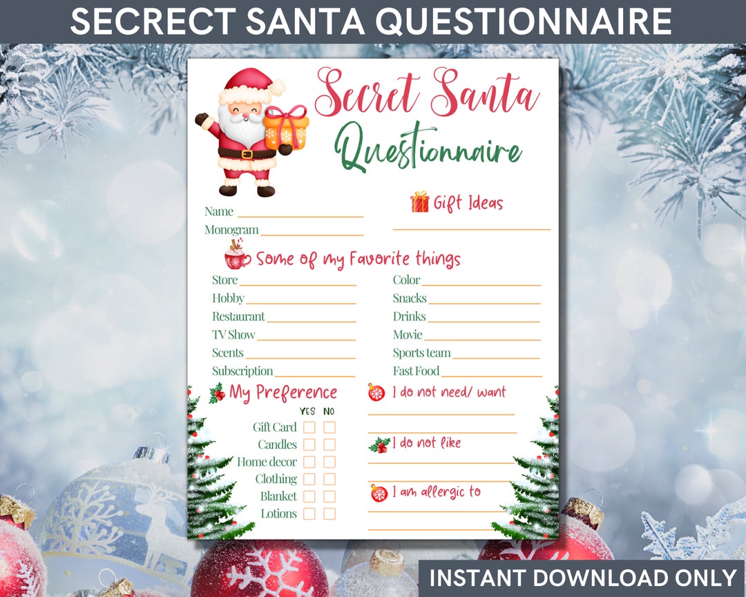 Secret Santa Questionnaire for Work or Family Holiday Party Use for