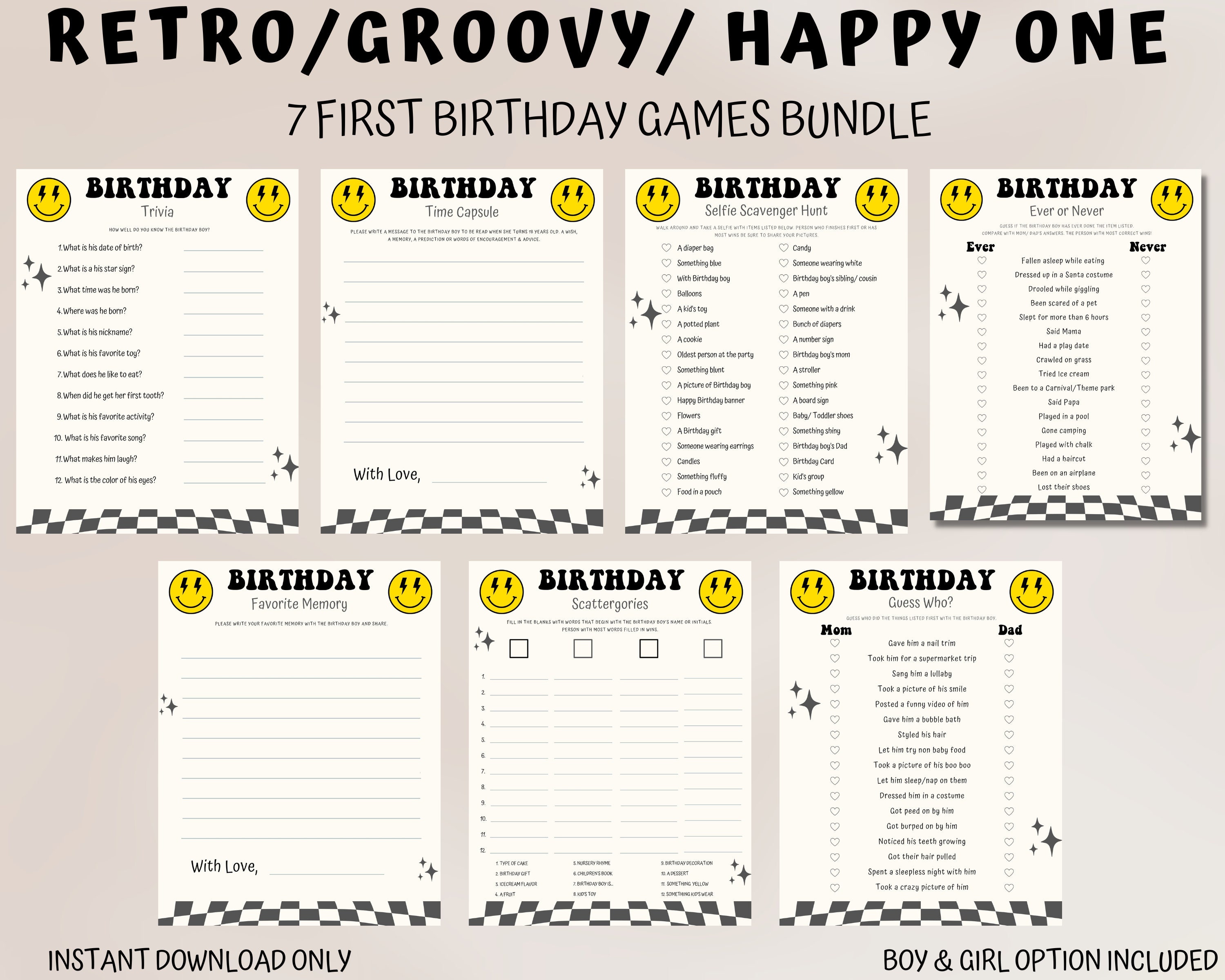 Retro First Birthday Games Bundle: Groovy Party Activity (Instant Download)