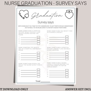 Krankenschwester-Abschluss-Umfrage sagt Spiel für lustige Party-Aktivitäten - RN, BSN, LPN oder Abschlussfeier für die Pflegeschule - Sofortiger Download