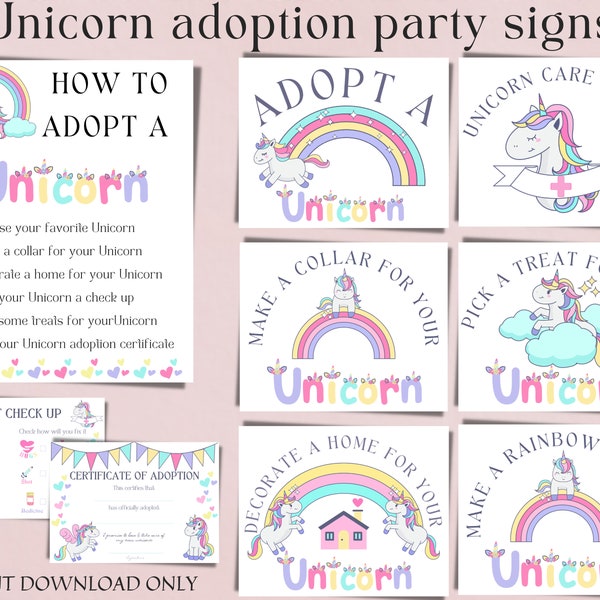 Unicorn adoption party signs for Magical Birthday - Use for Whimsical/Mythical Unicorn party printable - INSTANT DOWNLOAD ONLY
