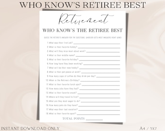 Retirement who knows retiree best party game for fun activity -Work/ office/ teacher/nurse/ mom/ dad retirement party game- INSTANT DOWNLOAD