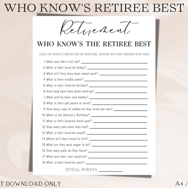 Retirement who knows retiree best party game for fun activity -Work/ office/ teacher/nurse/ mom/ dad retirement party game- INSTANT DOWNLOAD