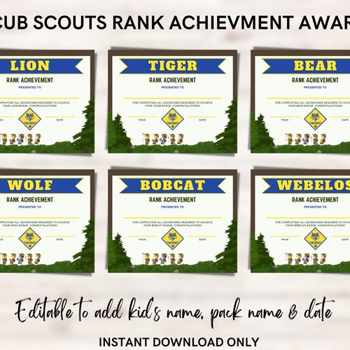 Cub Scouts Rank Achievement Award Printable for Kids Edit to Etsy