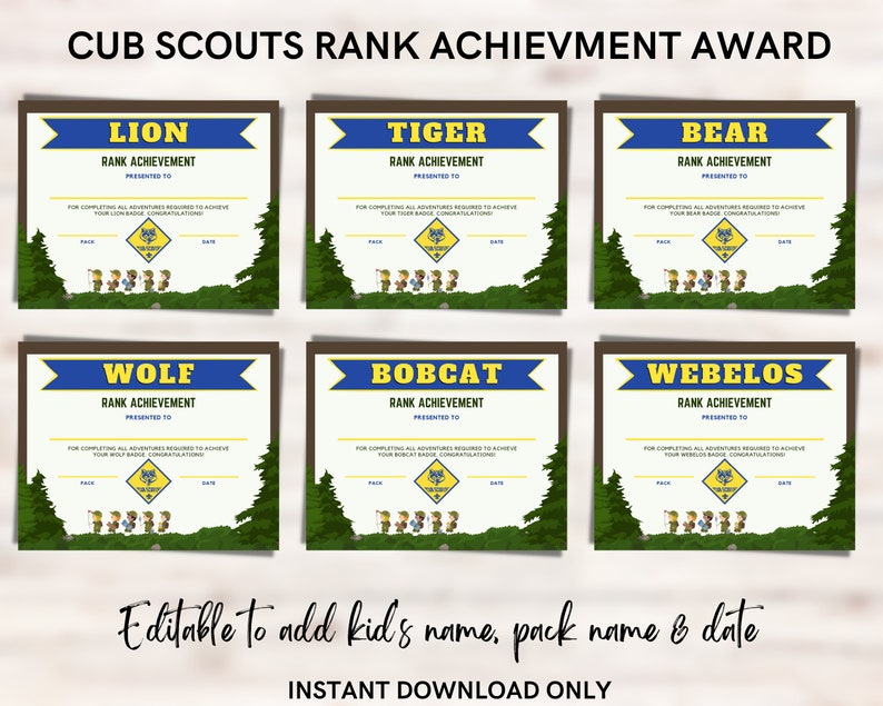 Cub Scouts Rank Achievement Award Printable for Kids Edit to - Etsy