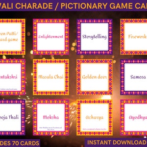 Cartas de jogo de charadas/pictionary de Diwali para uma atividade divertida de festa de fim de ano indiana Desi - Inclui 70 cartas - DOWNLOAD INSTANTÂNEO