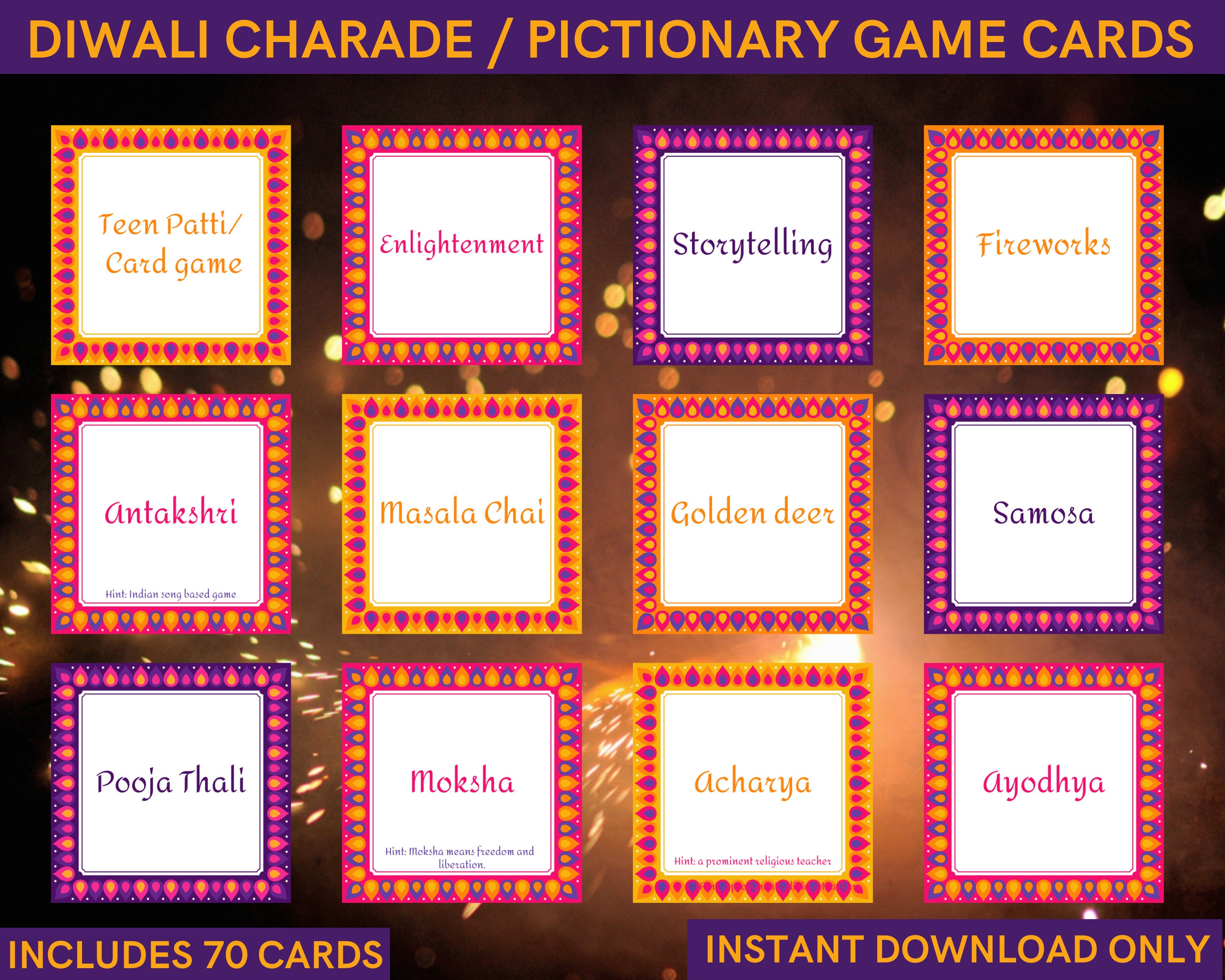 Diwali Charade Pictionary Game Cards For A Desi Indian Etsy