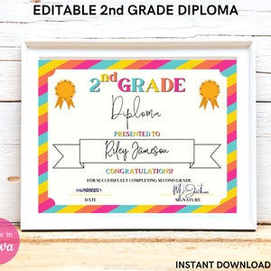 Regenbogen 2. Klasse Diplom / Zertifikat zum Ausdrucken - Ende des Jahres / Grundschulabschluss - Bearbeiten Sie den gesamten Text zum Personalisieren - NUR DIGITALER DOWNLOAD