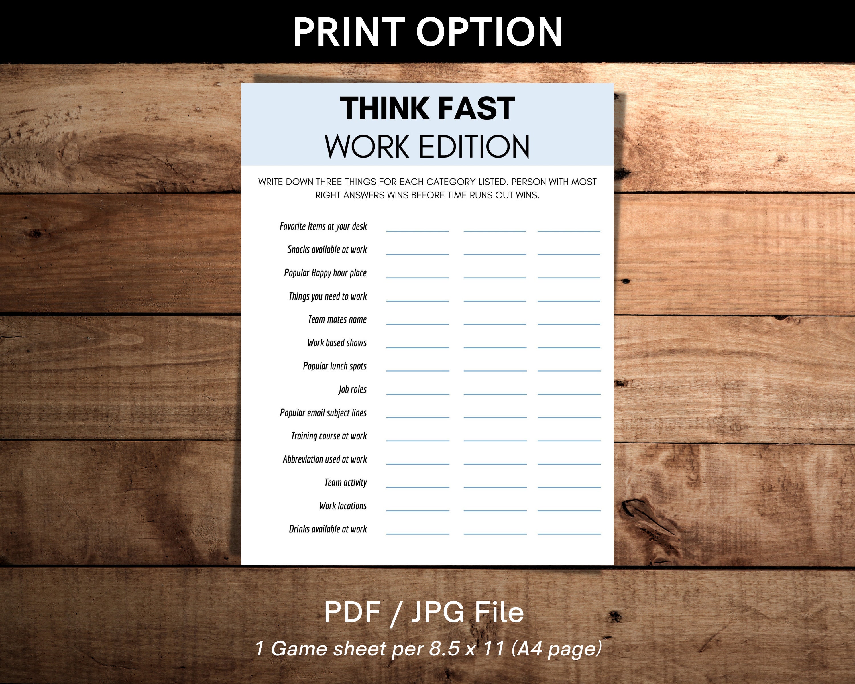 Think Fast Game for Work/ Office Team/ Retirement Party Etsy