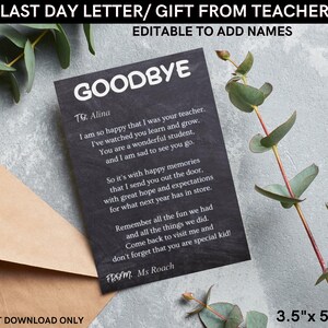 Carta/regalo del último día de clases del maestro a los niños- Editable para agregar nombres solamente - Tamaño de 3,5" x 5" - DESCARGA INSTANTÁNEA