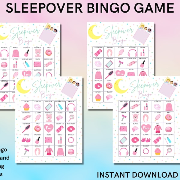 Sleepover Bingo game for a birthday, slumber or pajama party - Includes 20 sheets and calling cards - INSTANT DOWNLOAD
