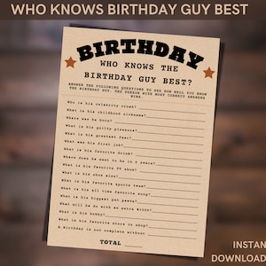 Quién sabe el mejor juego del cumpleañero - Úselo para el hito del niño/chico 21, 30, 40, 50, 60 - Cumpleaños occidental/vaquero - DESCARGA INSTANTÁNEA