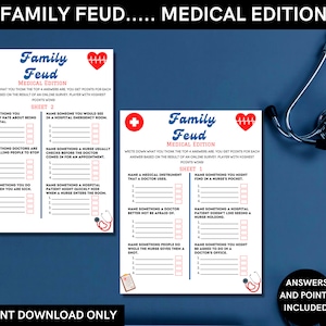Family Feud game for nurse/ doctor graduation or retirement party activity - Editable feud game file for virtual party - INSTANT DOWNLOAD