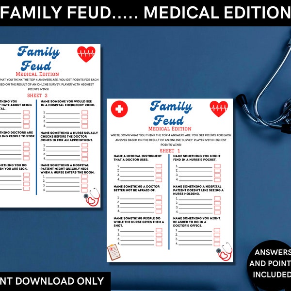 Family Feud game for nurse/ doctor graduation or retirement party activity - Editable feud game file for virtual party - INSTANT DOWNLOAD