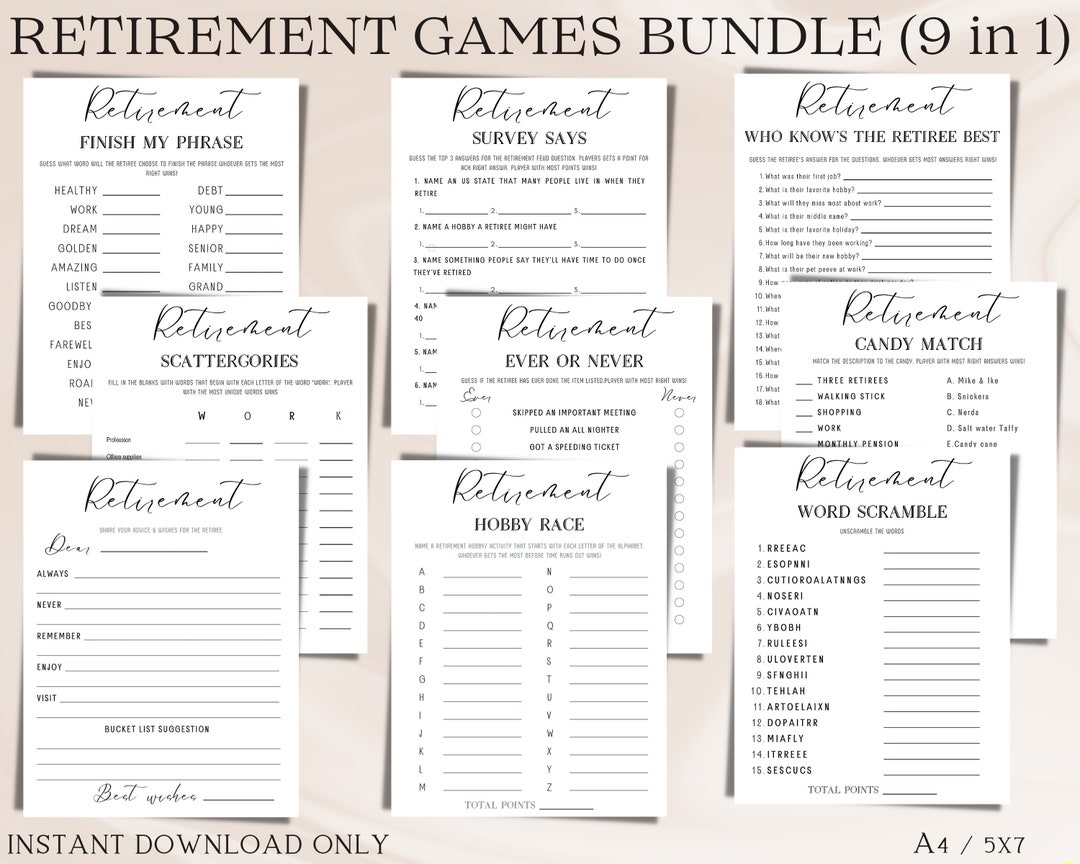 Minimalist Retirement Party Games Bundle for Fun Activity 9 in 1 Games ...
