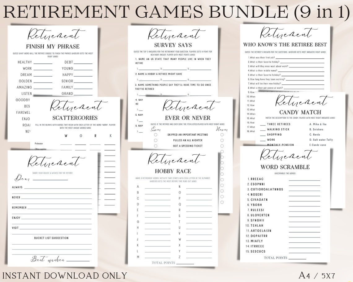 Minimalist Retirement Party Games Bundle for Fun Activity 9 - Etsy