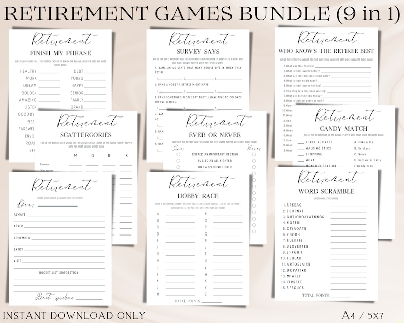 Minimalist Retirement Party Games Bundle for Fun Activity 9 - Etsy