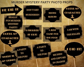 Murder Mystery Birthday/ Dinner Party photo booth props printable for fun activity - Save ink options included - INSTANT DOWNLOAD