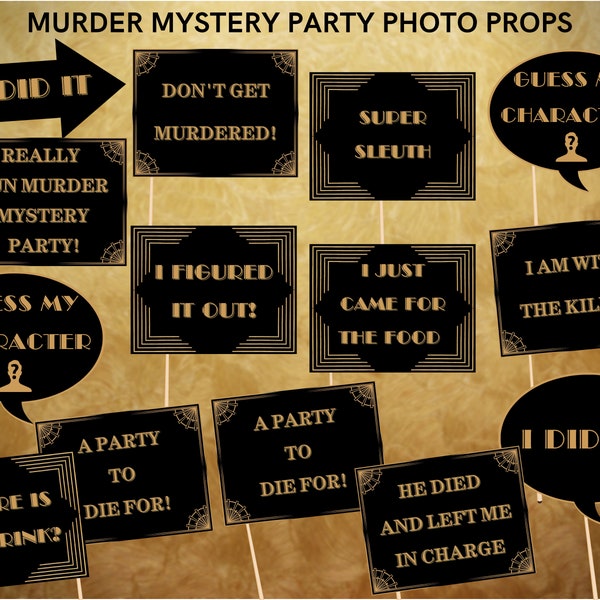 Murder Mystery Birthday/ Dinner Party photo booth props printable for fun activity - Save ink options included - INSTANT DOWNLOAD