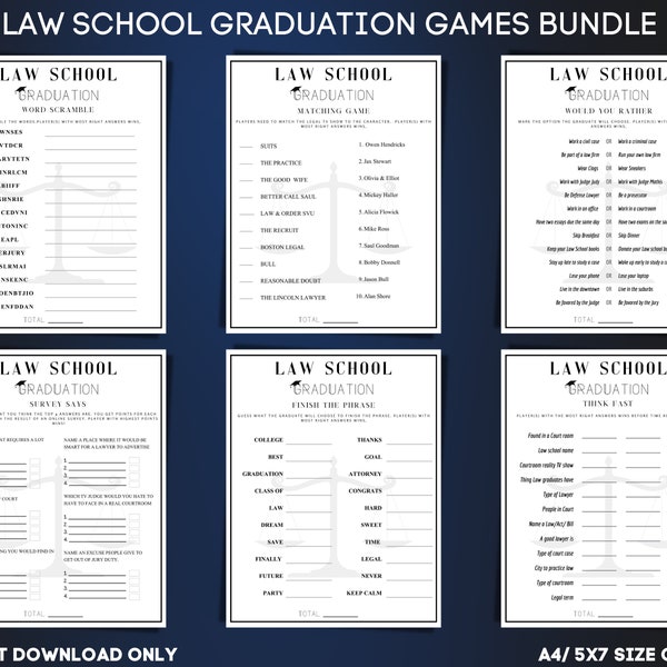 Modern Law School Graduation games bundle for fun party - Lawyer graduation party games - 6 fun grad games -INSTANT DOWNLOAD ONLY