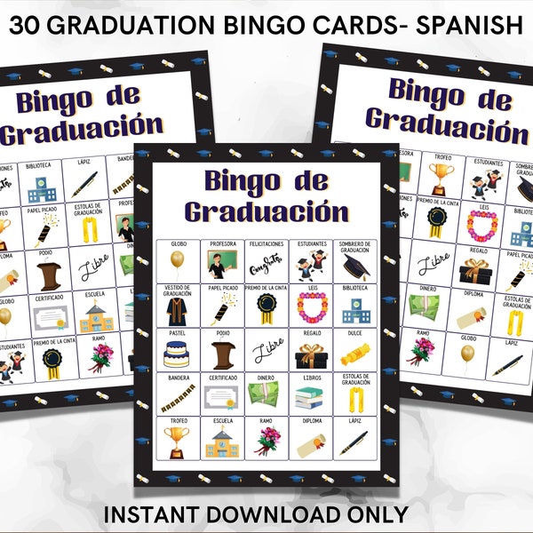 Spanish Graduation party Bingo game sheets for fun activity with family and friends - 30 printable sheets included - Instant download