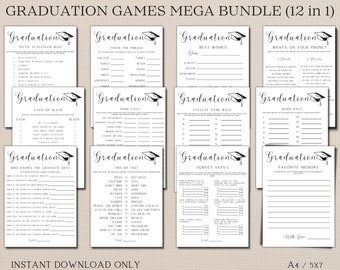 May include: A set of 12 printable graduation party games. The games are designed to be played at a graduation party and include games like "Selfie Scavenger Hunt", "Finish the Phrase", "Best Wishes", "What's on Your Phone?", "Ever or Never", "Think Fast", "College Name Race", "Word Race", "Who Knows the Graduate Best", "This or That", "Survey Says", and "Favorite Memory".