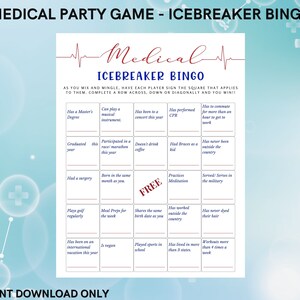 Medical Icebreaker Bingo game for nurse/ doctor party activity - Use for Medical Birthday, Work, Retirement/ Graduation - INSTANT DOWNLOAD