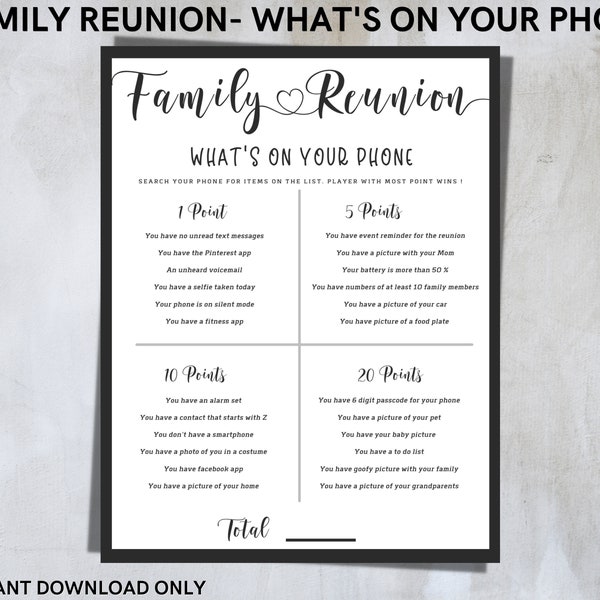 Family reunion what's on your phone game for fun activity -Use for family gathering or get together -A4 size printable - INSTANT DOWNLOAD