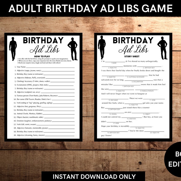 Adult birthday ad libs game printable for funny story for birthday boy - Men birthday game sheet - Instant download